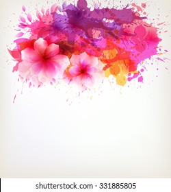 Fantasy Watercolor vector background with colorful flower and blots. 