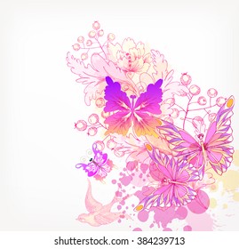 Fantasy Watercolor vector background with colorful flower and butterflies. Floral invitation.