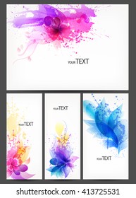 Fantasy Watercolor vector background with colorful flower and blots. Abstract floral elements .Rainbow Colorful Banner Design