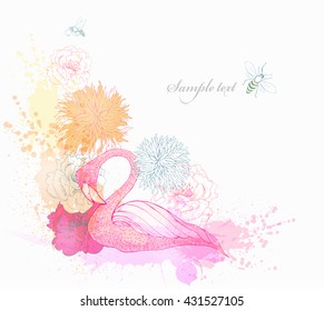 Fantasy Watercolor vector background with colorful Tropical Flowers and Flamingo. Fashion Graphic. 