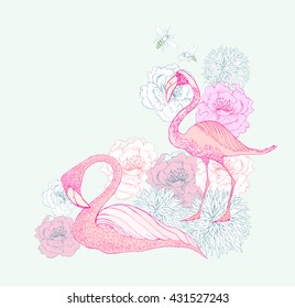 Fantasy Watercolor vector background with colorful Tropical Flowers and Flamingo. Fashion Graphic. 