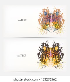 Fantasy Watercolor vector background with colorful tiger. Abstract floral elements .Colorful Banner Design
