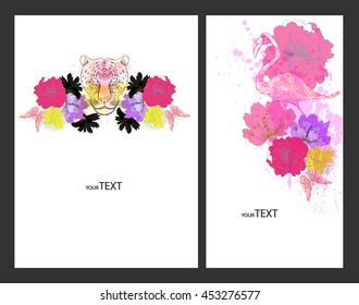 Fantasy Watercolor vector background with colorful flower and animals. Abstract floral elements .Rainbow Colorful Banner Design
