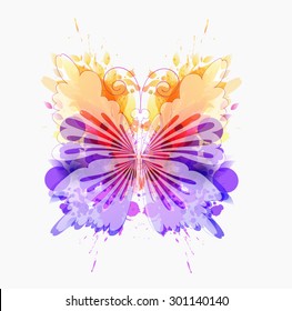 Fantasy Watercolor vector butterfly . background with colorful flower 