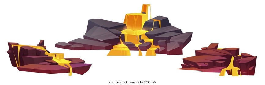 Fantasy waterfalls with yellow fluid streams. Vector cartoon illustration of stones with liquid lava flows. Game landscape objects with gold river cascade from rocks