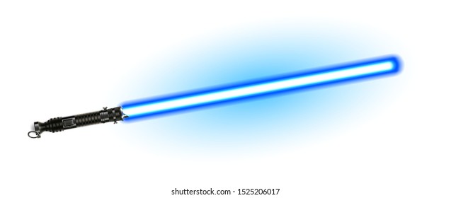 Fantasy Weapon Blue Light Laser Beam Sword Vector. Futuristic Space Shiny Glowing Sword For Battle. Scifi Cosmic Fight Equipment Conceptual Arm Blanche Saber Realistic 3d Illustration