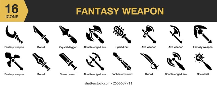 Fantasy Weapon solid icon set. Includes spiked bat, axe, enchanted, sword, chain ball, dagger, and More. Solid icons vector collection.