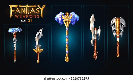 Colección de armas de fantasía para juegos de rol, estrategia, aventuras y Juegos de batalla heroicos: diseño de Vectores