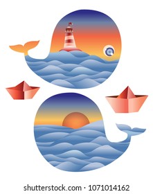 Fantasy whales. Marine vector illustration.