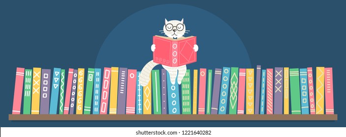 Fantasy white cat reading book sitting on bookshelf  on dark blue background. Fairy-tale vector illustration.