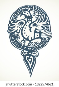 Fantasy white paper etch backdrop pattern element. Outline black color ink pen hand drawn wild hen wing logo emblem pictogram. Classic closeup barbarian gauls german artist book capital initial label