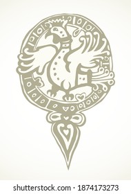 Fantasy white paper etch backdrop pattern element. Outline black color ink pen hand drawn wild hen wing logo emblem pictogram. Classic closeup barbarian gauls german artist book capital initial label