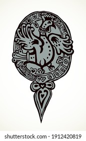 Fantasy white paper etch backdrop pattern element. Outline black color ink pen hand drawn wild hen wing logo emblem pictogram. Classic closeup barbarian gauls german artist book capital initial label