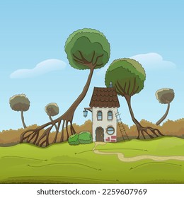 Fantasy wildlife landscape in cartoon style. Brick house with a tiled roof, hilly area, giant trees, meadow, path. Cute rustic landscape, clear sky. Hand drawing, outline, sketch. Vector illustration.