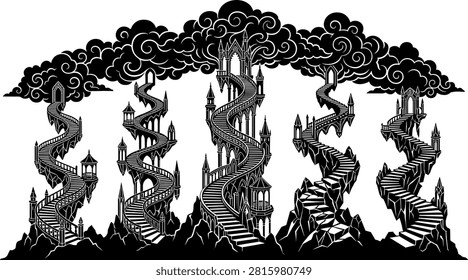 Fantasy winding stairs vector illustration leading to a magical sky castle with dark swirling clouds in black stencil silhouette style.