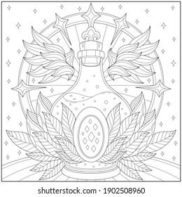 Fantasy winged angelic vial with nature elemental jewel . Learning and education coloring page illustration for adults and children. Outline style, black and white drawing