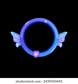 Fantasy winged ring icon. Vector illustration of a blue circular avatar with delicate wings and a purple flower.