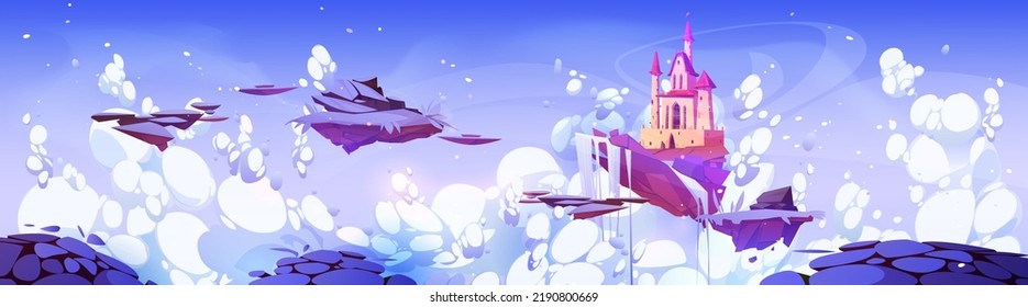 Fantasy winter landscape with castle, snow and frozen waterfall on floating islands. Royal palace, ice and white snow on ground pieces flying in sky with clouds, vector cartoon illustration