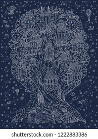 Fantasy winter landscape.Fairy tale tree with castle, old medieval town, house. Hand drawn Christmas and New Year greeting card. T-shirt print. Album cover. White doodle snowflakes on dark indigo blue