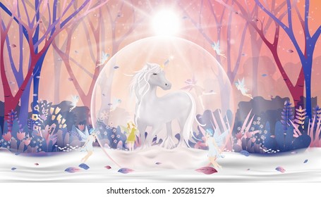 Fantasy winter wonderland of fairies flying and playing with unicorn inside glass snow globe,Christmas night in magic forest,Vector illustration beautiful nature landscape for bed time story concept