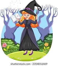 A fantasy witch casts a spell in a mystical forest, surrounded by trees and wildlife