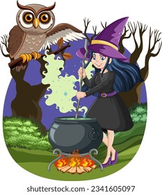 A fantasy witch is cooking a mysterious potion in a dark forest, with an owl flying overhead