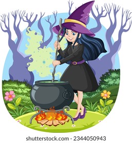 A fantasy witch is cooking up a mysterious potion in a dark forest, with an owl flying overhead