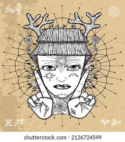 Fantasy Witch face or portrait line art illustration with mystic, esoteric and occut symbols against texture background, Halloween concept, ethnic tribal style