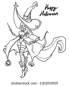 Fantasy witch wearing big hat, with magic wand and book.  Hand drawn vector illustration. Can be used for Halloween cards, coloring books, pages, tattoo, games etc. 