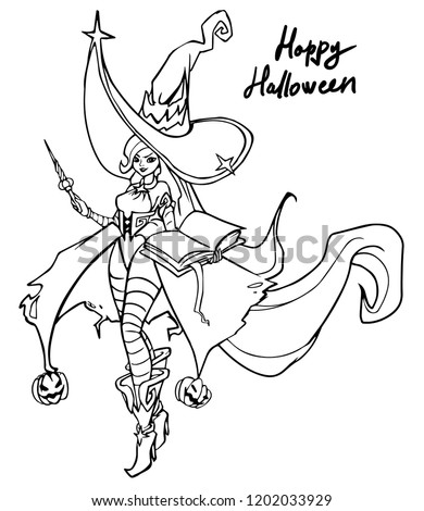 Fantasy witch wearing big hat, with magic wand and book.  Hand drawn vector illustration. Can be used for Halloween cards, coloring books, pages, tattoo, games etc. 