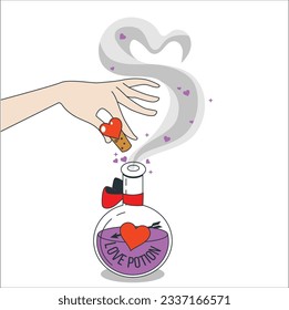 Fantasy witch wizard woman using enchanting magical elixir potion bottle for love spell, witchcraft and divination. Magic illustration and alchemy. Magic hands holding miracle potion bottle, 2115
