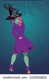 Fantasy witch woman in vintage purple dress and hat.