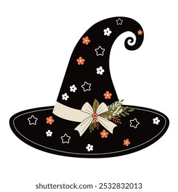 Fantasy witch's hat decorated with stars and flowers graphic element design on white background. Vector illustration for Halloween.