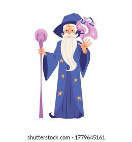 Fantasy wizard or bearded magician cartoon character in magic hat and robe creates magic or conjures flat cartoon vector illustration isolated on white background.