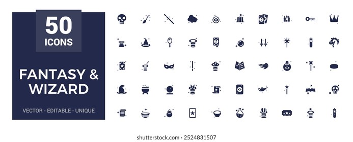 Conjunto de iconos sólidos de fantasía y mago. Icono mágico lleno para mago. Varita, conejo, truco y más. Glifo para Web y ui. Paquete de iconos lleno, Ilustración vectorial.