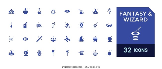 Fantasia e assistente conjunto de ícone sólido. Ícone mágico preenchido para mágico. Varinha, Coelho, Truque e muito mais. Glifo para web e ui. Pacote de ícones preenchido, ilustração de vetor.