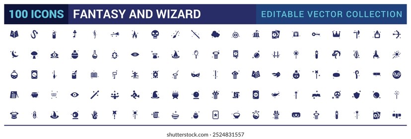 Fantasia e assistente conjunto de ícone sólido. Ícone mágico preenchido para mágico. Varinha, Coelho, Truque e muito mais. Glifo para web e ui. Pacote de ícones preenchido, ilustração de vetor.