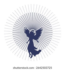 Fantasy woman angel soars in the air with huge bird wings. Girl in levitation flies. Lady goddess in dress, fabric waving fluttering in motion