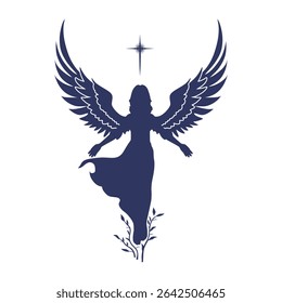 Fantasy woman angel soars in the air with huge bird wings. Girl in levitation flies. Lady goddess in dress, fabric waving fluttering in motion
