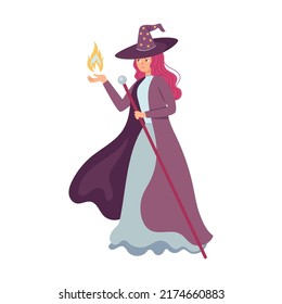 Fantasy Woman Sorceress Character Illustration. Fairytale Humans And Creatures. Elf, Orc Magician, Druid Cartoon Personages. Fantasy Games Figures