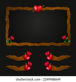 Fantasy wooden game overlay screen panel frame with hearts for live video streaming and broadcasting