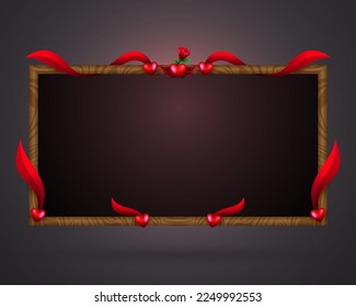 Fantasy wooden game overlay screen panel with romantic hearts and red ribbons for live video streaming and broadcasting