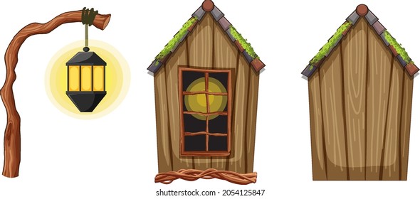 Fantasy wooden hut and lantern illustration