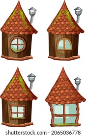 Fantasy wooden huts on white background illustration