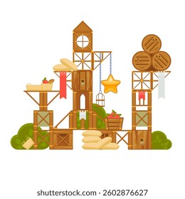 Fantasy wooden medieval castle made of boxes. Towers, gates, flags, crates, bags and hanging cages. Perfect for medieval or fantasy-themed game design assets. Vector illustration for creative projects