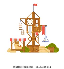 Fantasy wooden medieval castle made of boxes. Towers, gates, flags, crates, bags and hanging cages. Perfect for medieval or fantasy-themed game design assets. Vector illustration for creative projects