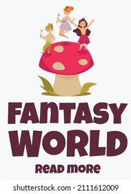 Fantasy world banner or poster concept with fairies or pixies characters. Magic fairy pixies childish characters for web posters, flat vector illustration.