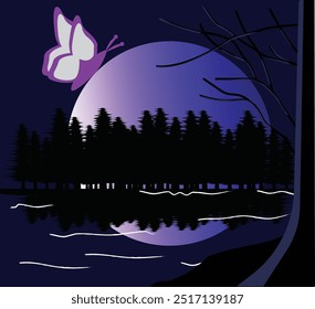 Mundo de la fantasía con la luna grande y la mariposa sobre el bosque con la reflexión en agua