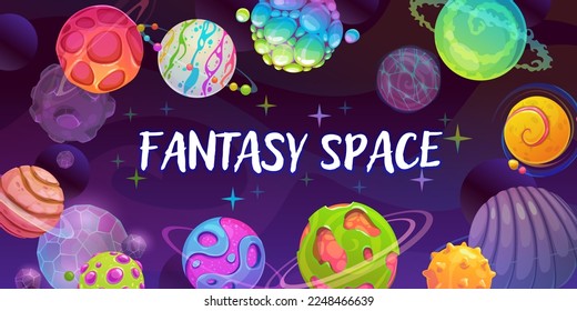 Fantasieweltkonzept. Horizontaler Raumbanner mit Cartoon Fantasy-Planeten im Cartoon-Stil, Vektorgrafik.