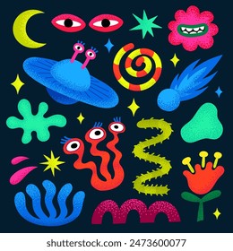 Fantasy world, Cute cartoon abstract icons about monster or UFO. Set of different graphic elements with stippled texture. Hand drawn illustration in a bold modern vector style